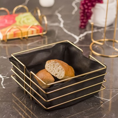 Ekmeklik Ekmek Sepeti Çok Amaçlı Metal Kutu Lüx Gold Paslanmaz Sepet Siyah Kumaş 