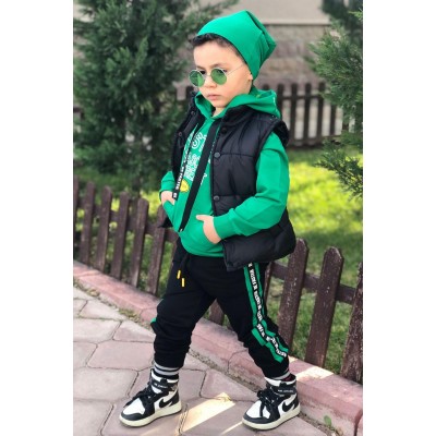 Erkek Çocuk BoyWear Baskılı Kapşonlu ve Şişme Yelekli Bereli Yeşil Eşofman Takım 3-14Yaş