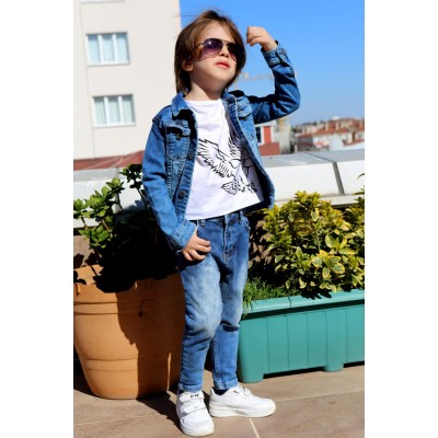 Erkek Çocuk Kartal Baskılı Önü Düğmeli Mavi Kot Alt Üst Takım