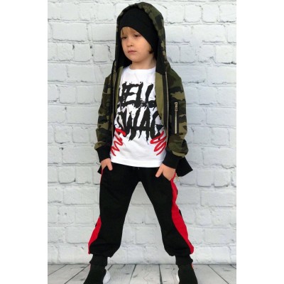 Erkek Çocuk Kırmızı Şeritli Swag Kamuflaj Eşofman Takım