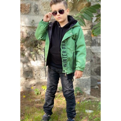 Erkek Çocuk Winter Baskılı Kapşonlu Mont Kot Pantolonlu 3lü Yeşil Alt Üst Takım