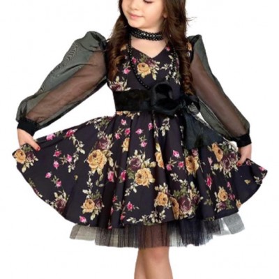 Kız Çocuk Black Flowers Tütülü Elbise