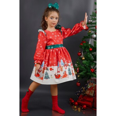 Kız Çocuk Kar Tanesi Desenli Kolları Fırfırlı Noel Baskılı Kırmızı Elbise