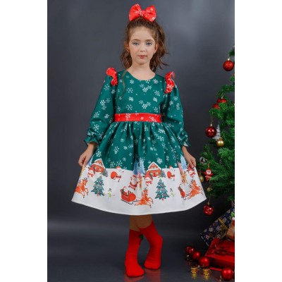 Kız Çocuk Kar Tanesi Desenli Kolları Fırfırlı Noel Baskılı Yeşil Elbise