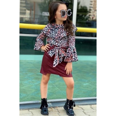 Kız Çocuk Leopar Desenli İspanyol Kol Bordo Etekli Takım