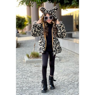 Kız Çocuk Leopar Desenli Kapüşonlu Peluş Ceket