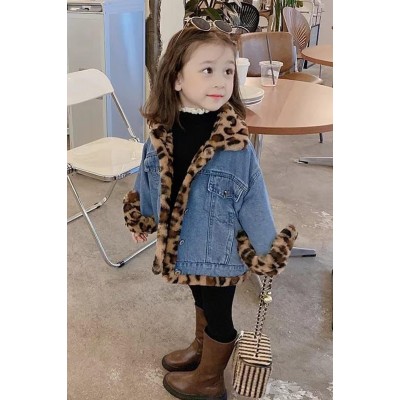 Kız Çocuk Leopar Desenli Kürklü Çift Taraflı Mavi Kot Ceket