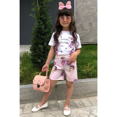 Kız Çocuk Love Happy Çiçekli Pudra Şortlu Takım