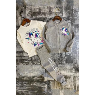 Kız Çocuk Unicorn Baskılı 3lü Gri Taytlı Takım