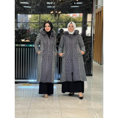 Peluş Detaylı Mont Gri - Gri